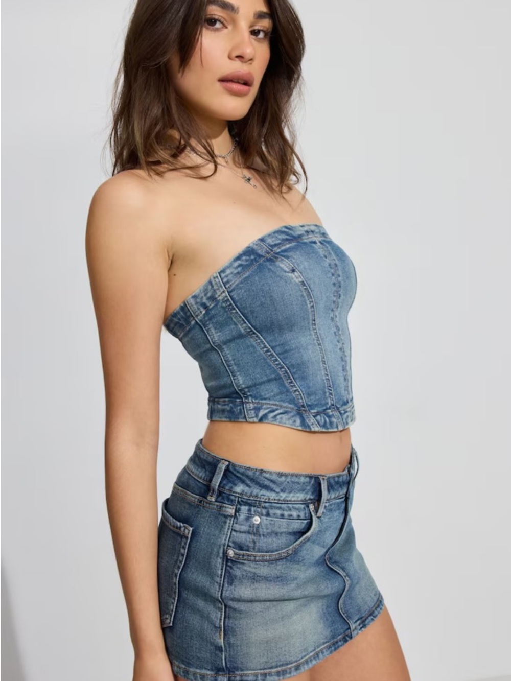 Denim Seamed Tube Top - Picture 2 of 9